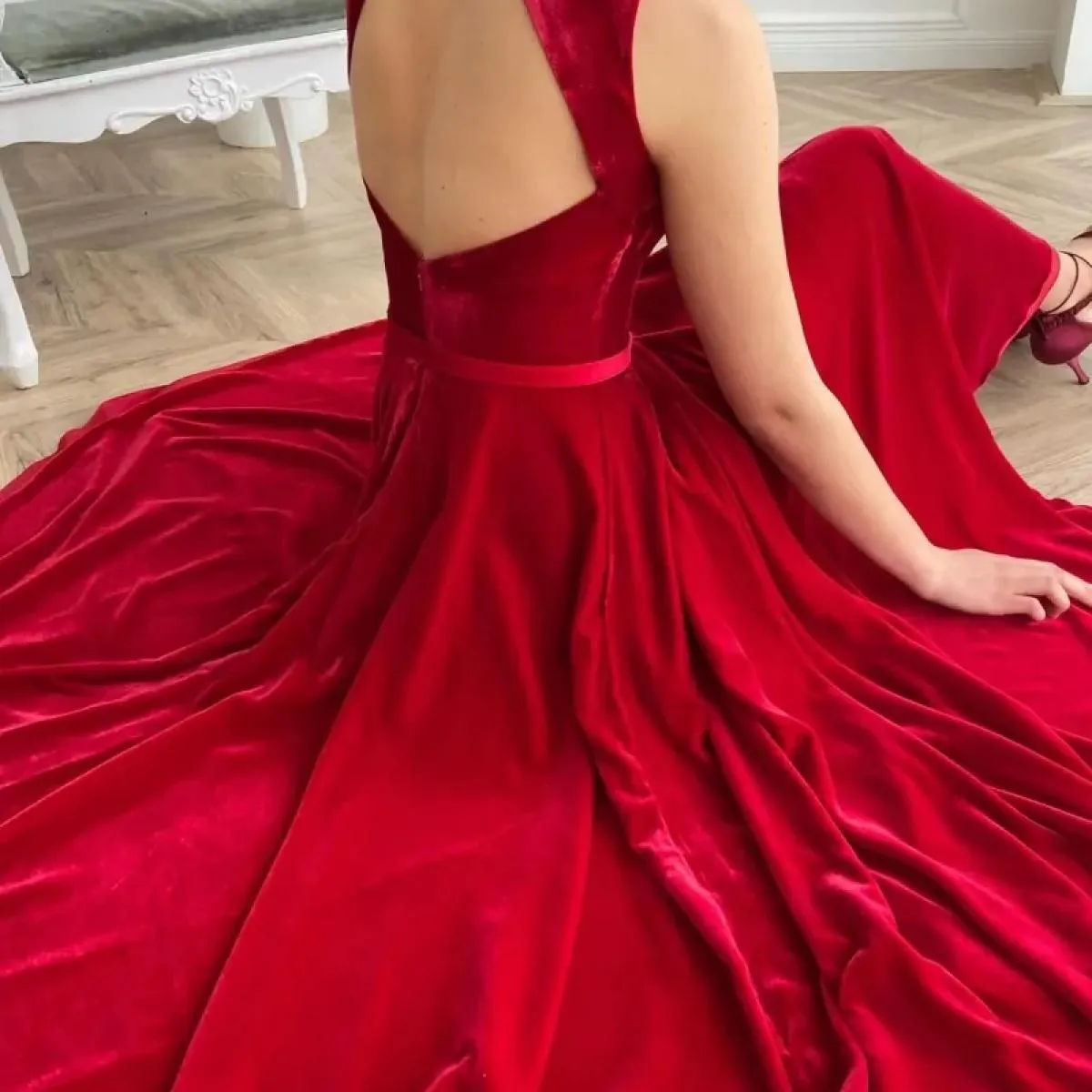 Cintura senza schienale vintage senza maniche con scollo all'americana rosso Una linea Abiti da sera da ballo Abito da sposa Abi