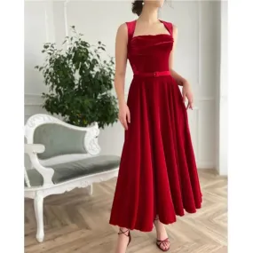 Cintura senza schienale vintage senza maniche con scollo all'americana rosso Una linea Abiti da sera da ballo Abito da sposa Abi