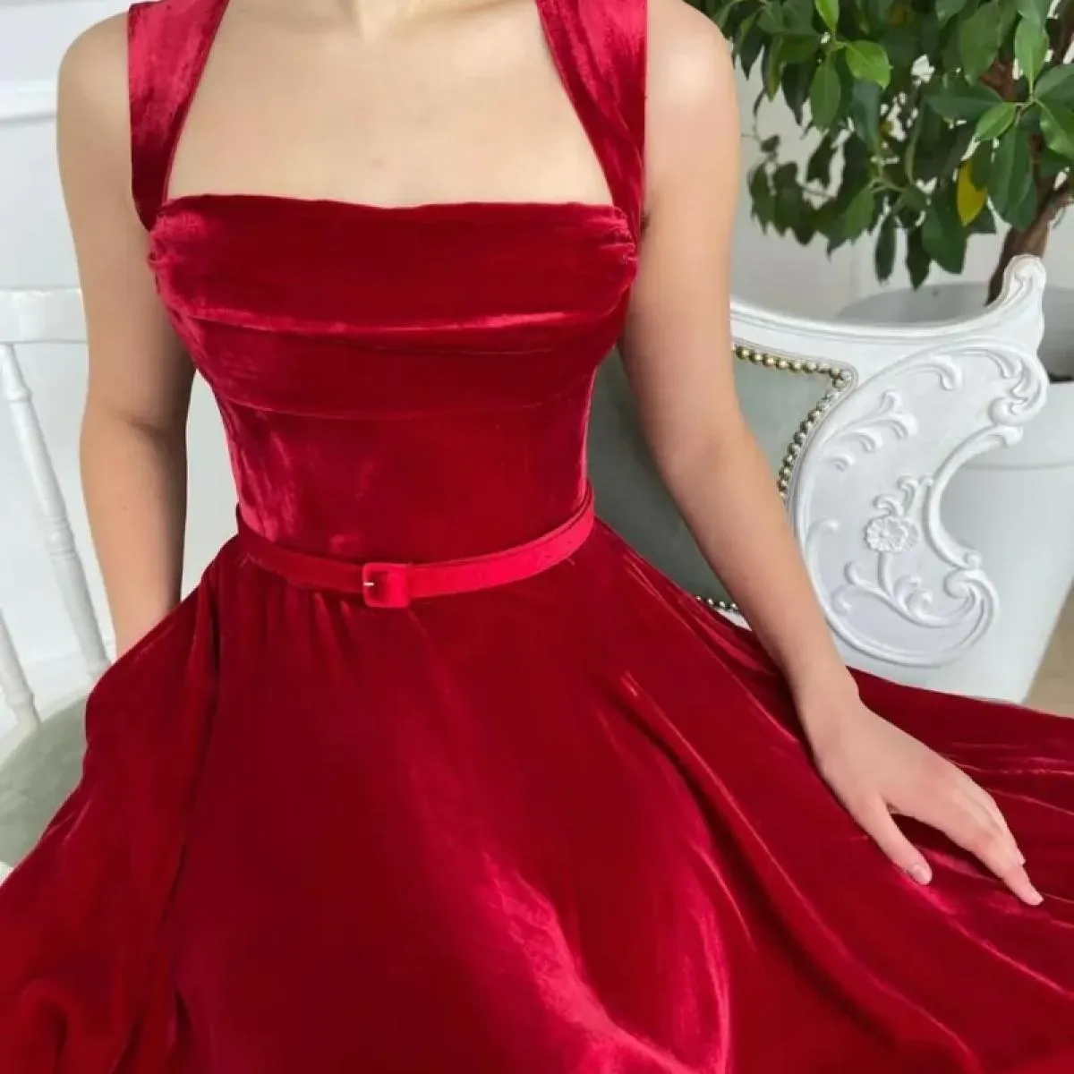 Cintura senza schienale vintage senza maniche con scollo all'americana rosso Una linea Abiti da sera da ballo Abito da sposa Abi