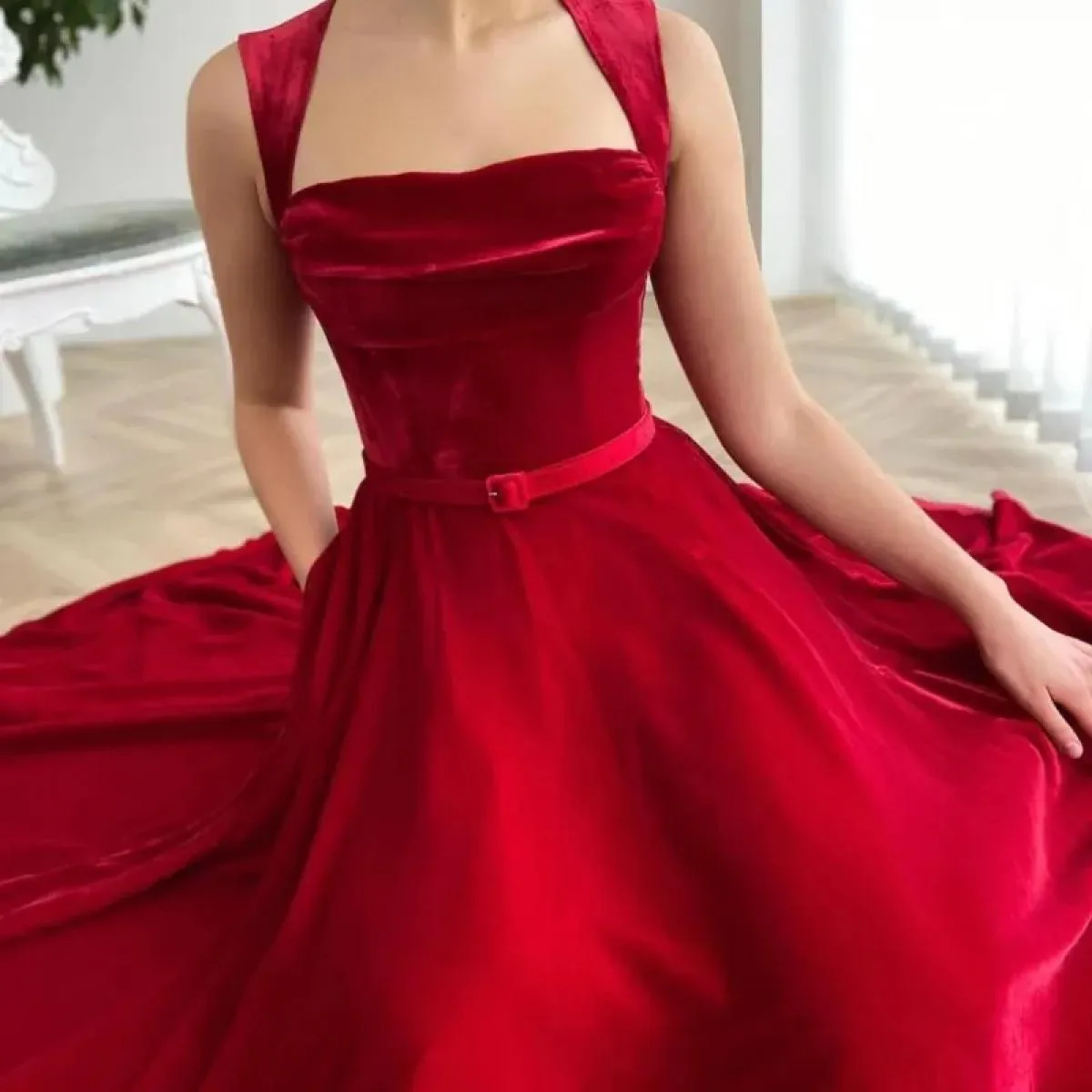 Cintura senza schienale vintage senza maniche con scollo all'americana rosso Una linea Abiti da sera da ballo Abito da sposa Abi