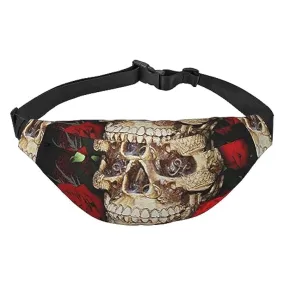 Cool Skull and Roses Print Marsupio Impermeabile Regolabile Marsupio Casual Crossbody Borse per Viaggi Escursionismo Corsa Cicli