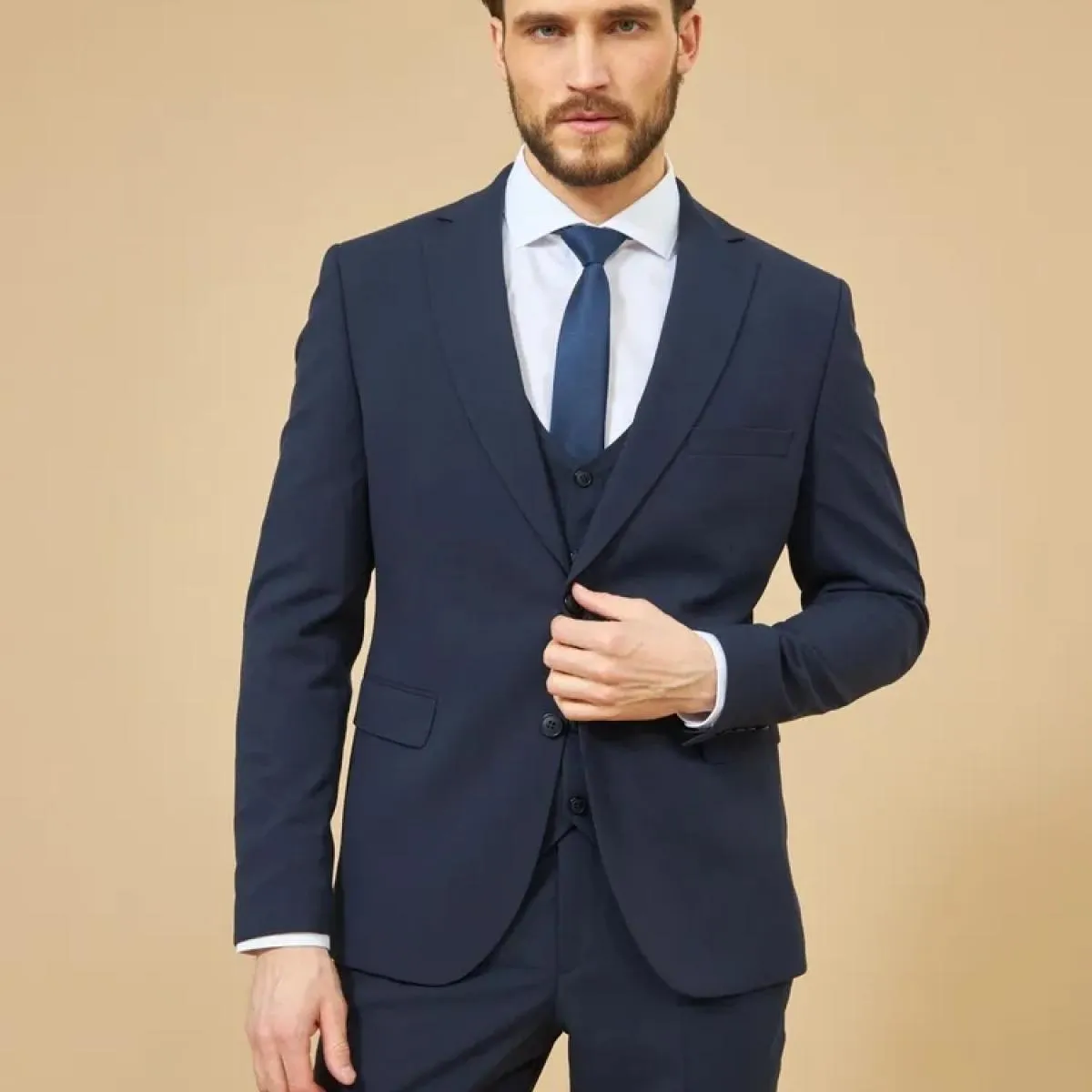 Formale da uomo 3 pezzi Abito da sposa Smoking da sposo Slim Fit Abiti da lavoro Blu navy Abito da sposa Costume Homme (giacca +
