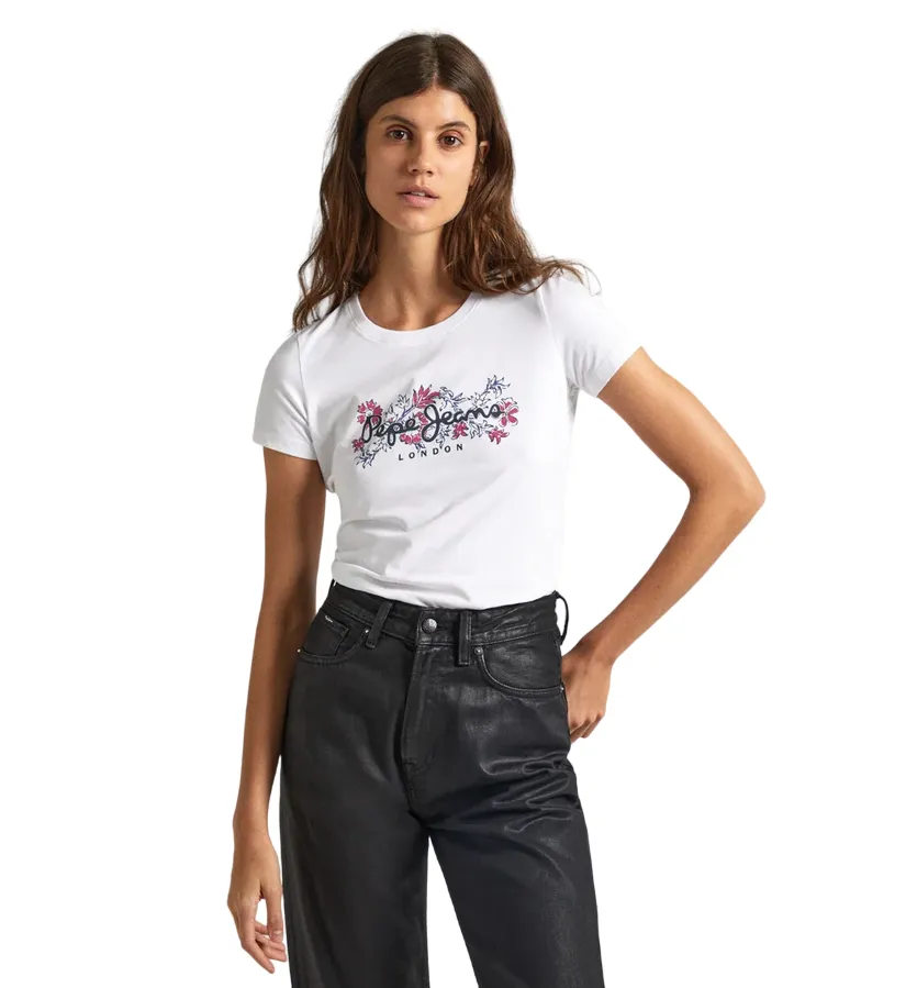 Pepe Jeans women's short sleeve t-shirt with Korina printed logo PL505834 800 white