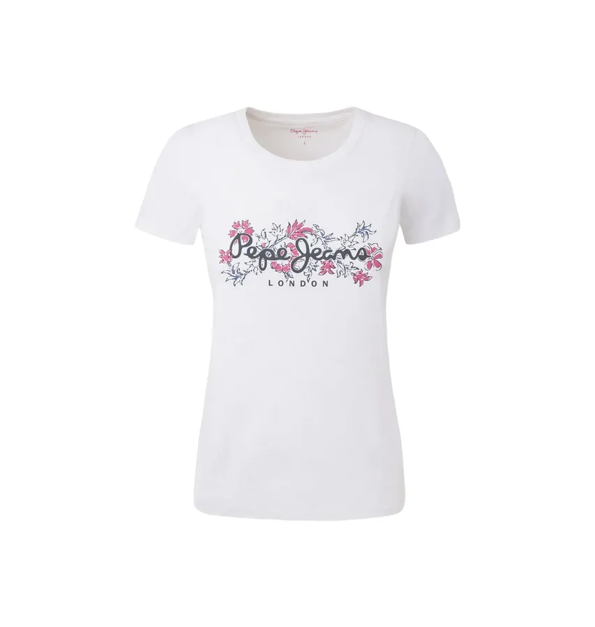 Pepe Jeans women's short sleeve t-shirt with Korina printed logo PL505834 800 white